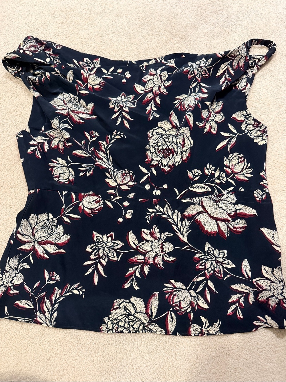 J. Crew Navy Floral Sleeveless Tank with Cream & Red Blooms